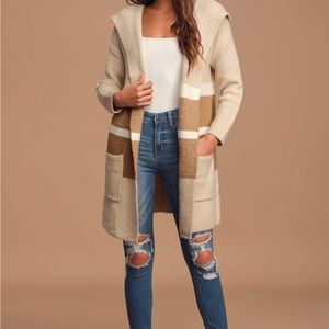 LULUs Carlsbad Tan and Beige Hooded Cardigan Sweater